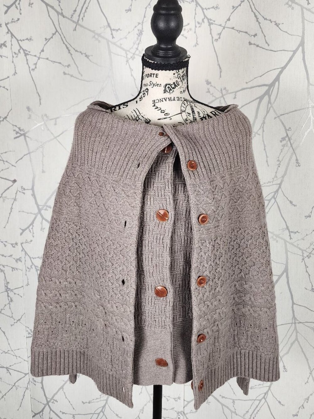 Sleeping On Snow 80% Wool Cable Knit Cape Overlay Cardigan
